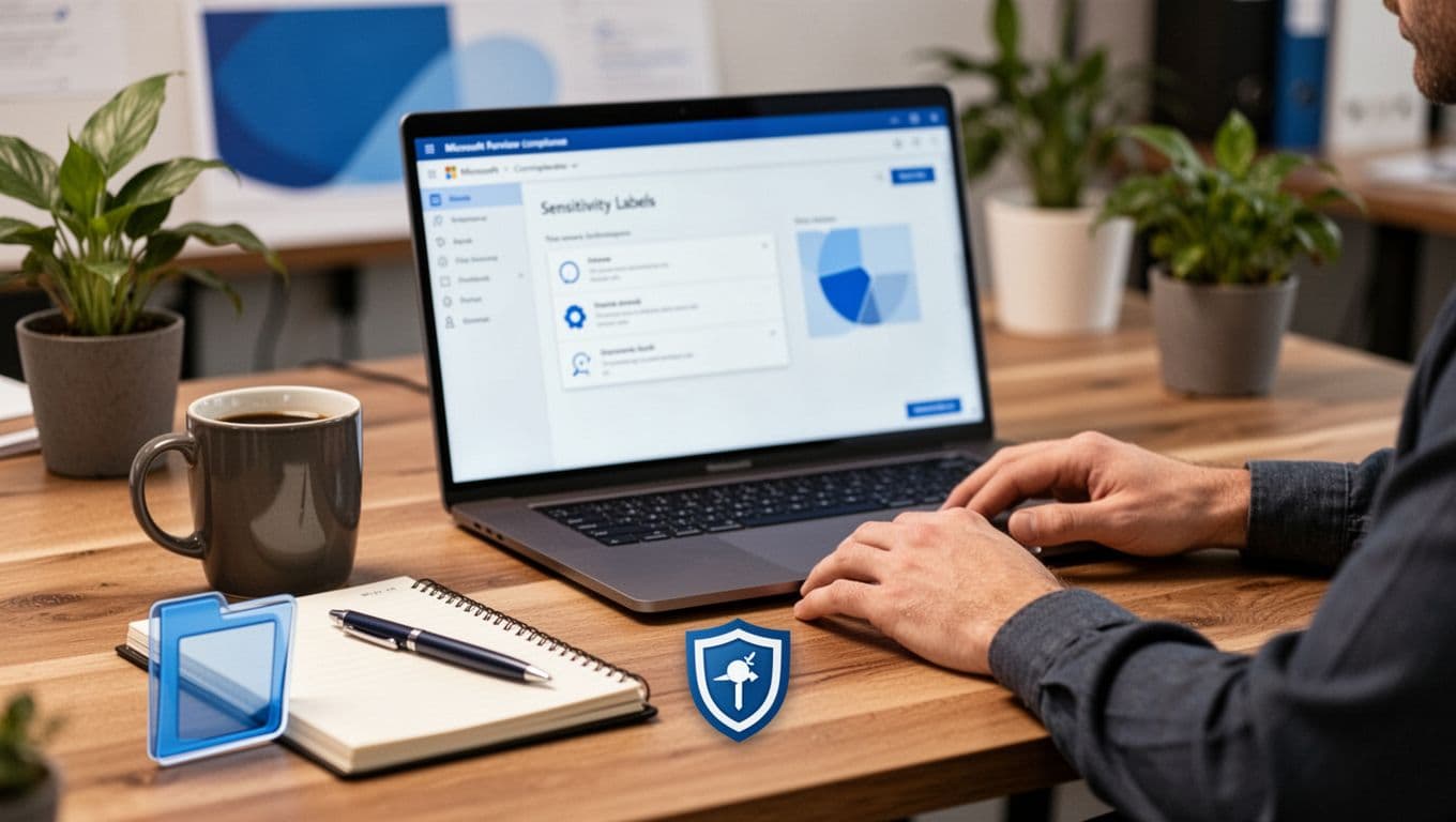 Realistic photo of a small business office desk setup featuring a laptop open to the blurred Microsoft Purview compliance portal sensitivity labels section. Includes coffee mug, notebook with pen, secure folder icon prop, and one person's hands relaxed on the wooden desk in warm natural lighting.