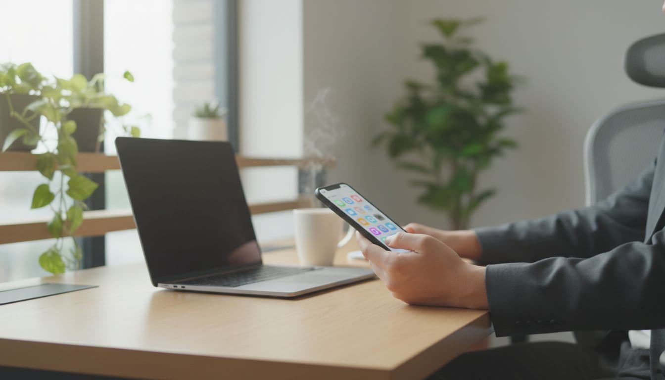 A professional in a modern small business office reviews secure email on a personal smartphone, with a laptop nearby and focus on the relaxed hand holding the phone featuring a blurred screen with app icons. The workspace includes plants and a coffee mug under natural daylight lighting in realistic photography style.