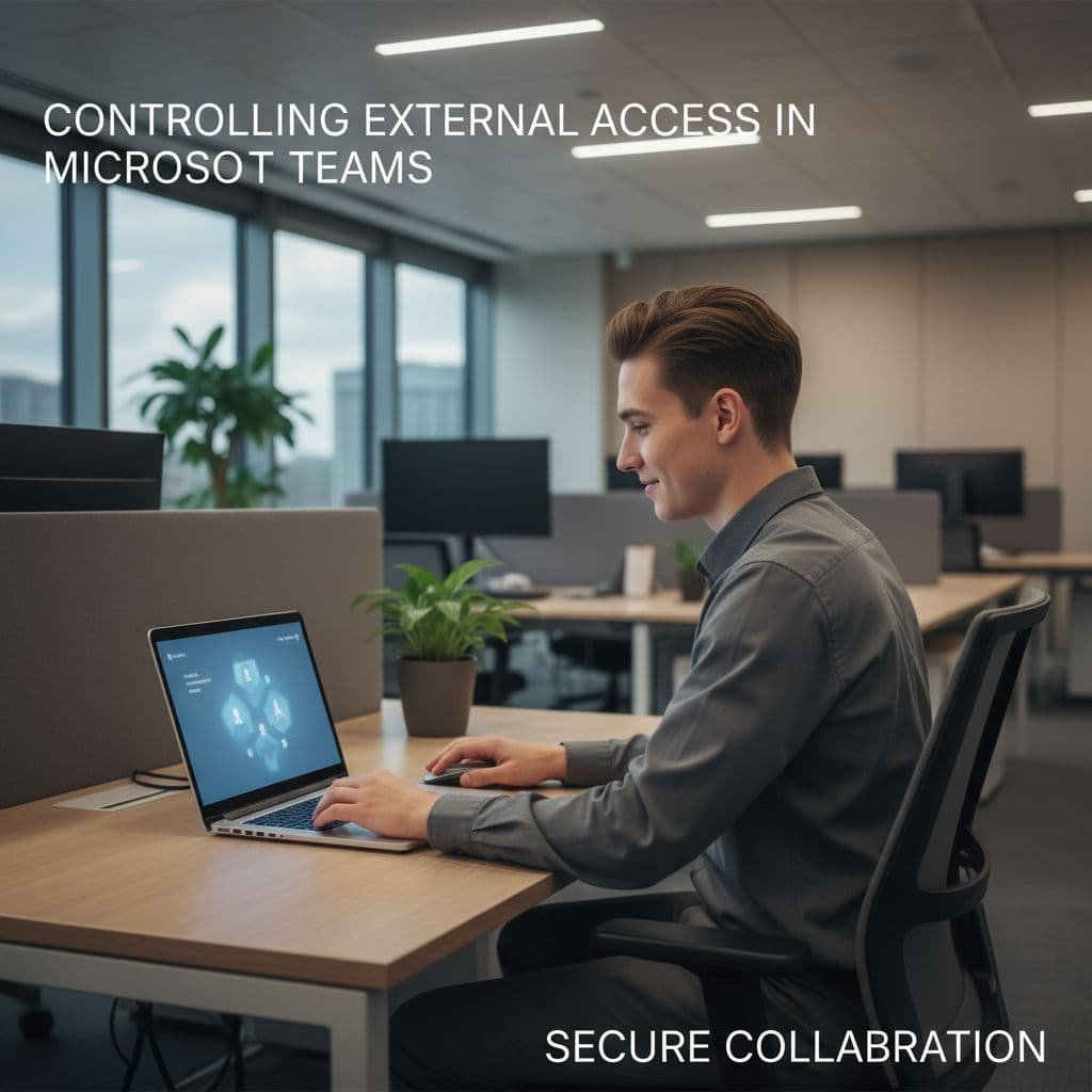 A professional works on a modern laptop in an office environment to manage team collaboration software.