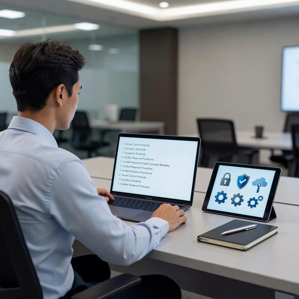 A laptop and tablet showing security icons sit on a clean office desk.