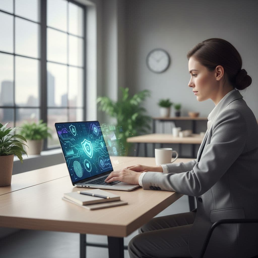 A professional works on a laptop displaying abstract security graphics in a bright, modern office.