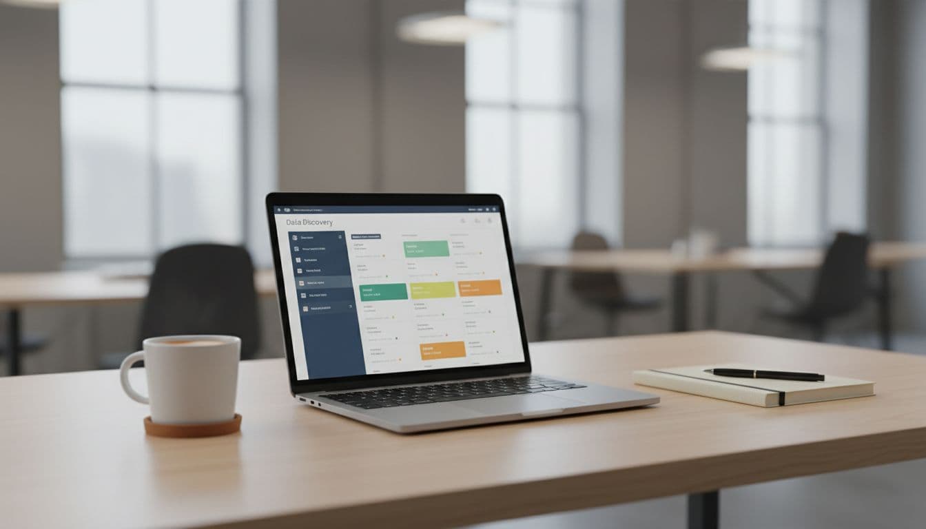 A modern office desk with a laptop open to the Purview Content Explorer dashboard showing file scans and sensitivity labels in a clean interface, accompanied by a coffee mug and notebook under soft lighting.