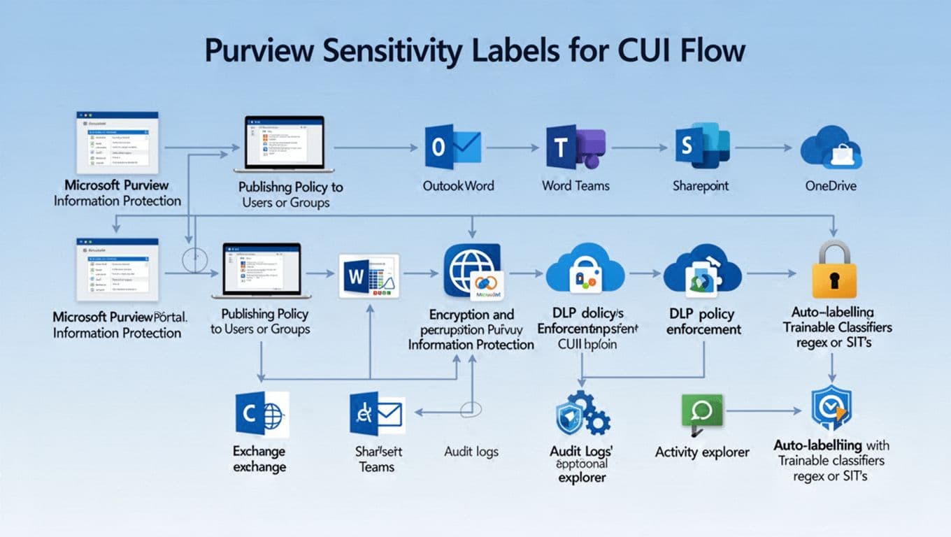 Clean, professional technical diagram in flat vector style illustrating the end-to-end flow of Microsoft Purview Sensitivity Labels for CUI in Microsoft 365, featuring labeled components connected by arrows across Purview portal, user apps, encryption, DLP enforcement, and audit logs.