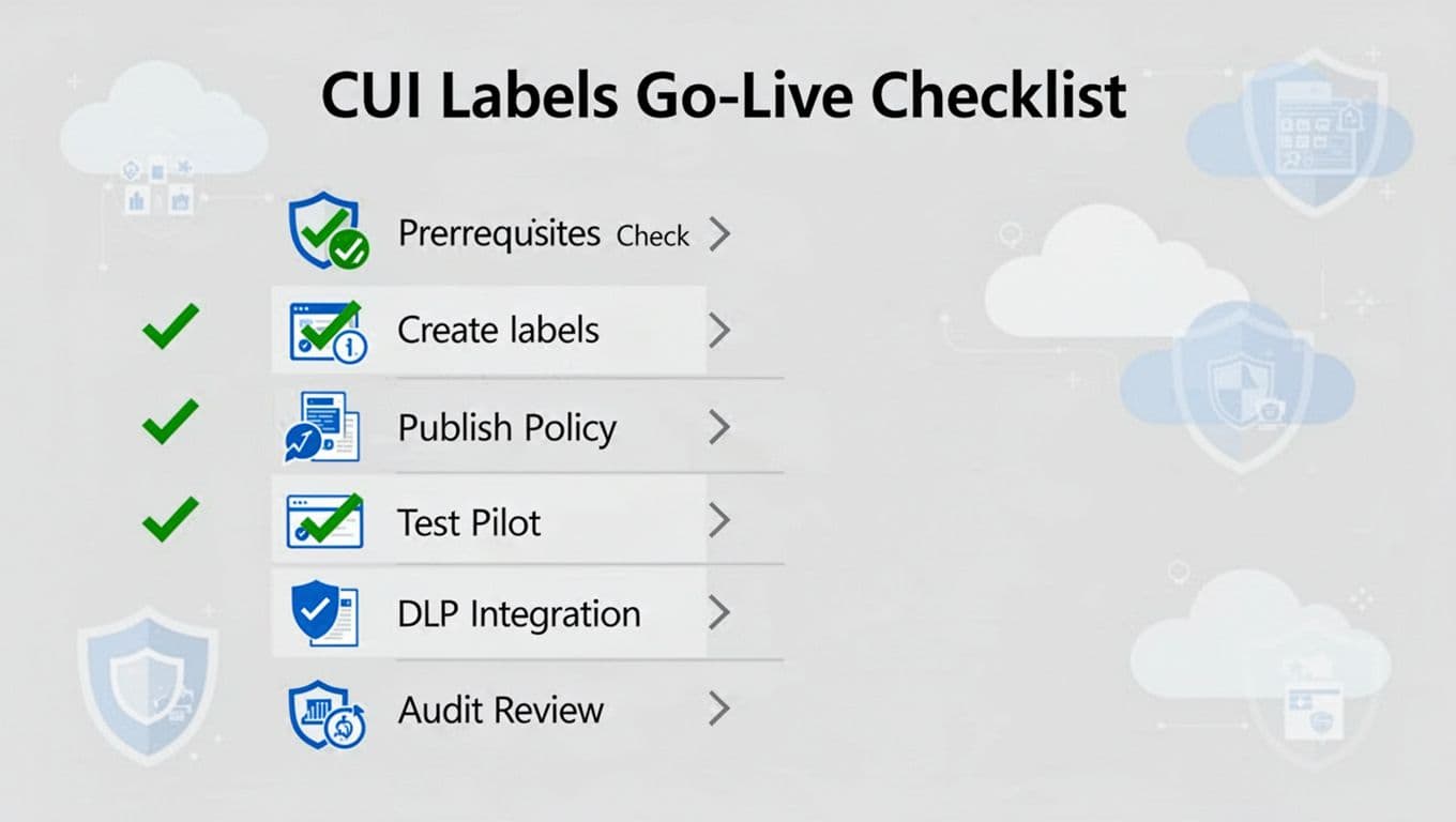 Clean vector illustration in flat Microsoft UI style of a seven-item checklist for Purview sensitivity labels go-live, featuring icons for prerequisites, licenses, label creation, policy publishing, testing, DLP integration, and audit review with green checkmarks.