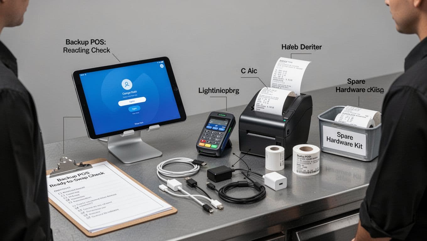 Clean, realistic instructional image of a small back-office prep station with a fully staged and labeled backup POS kit ready for quick swap. Features an iPad on a stand showing a generic POS login, card reader, receipt printer with spare roll, organized cables, laminated checklist, and spare hardware bin under bright lighting and neutral background.