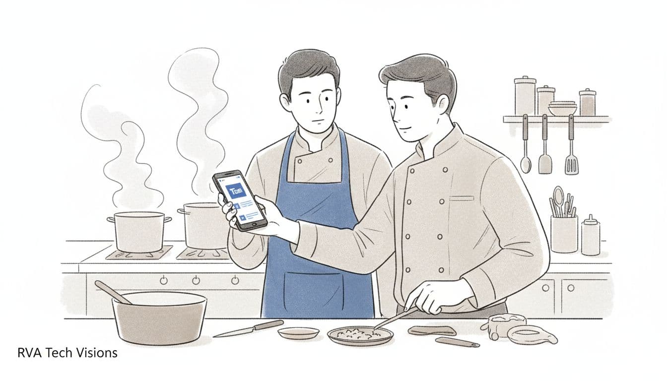 Two cooks doing a shift change with a phone in hand