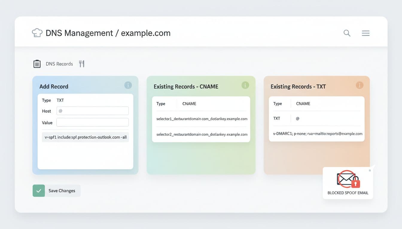 Clean, modern flat vector illustration of a DNS management interface for a restaurant domain (example.com), demonstrating addition of SPF TXT record, DKIM CNAME records, and DMARC TXT record in Microsoft 365 admin center style, with subtle restaurant icons and a blocked spoof email in the corner.