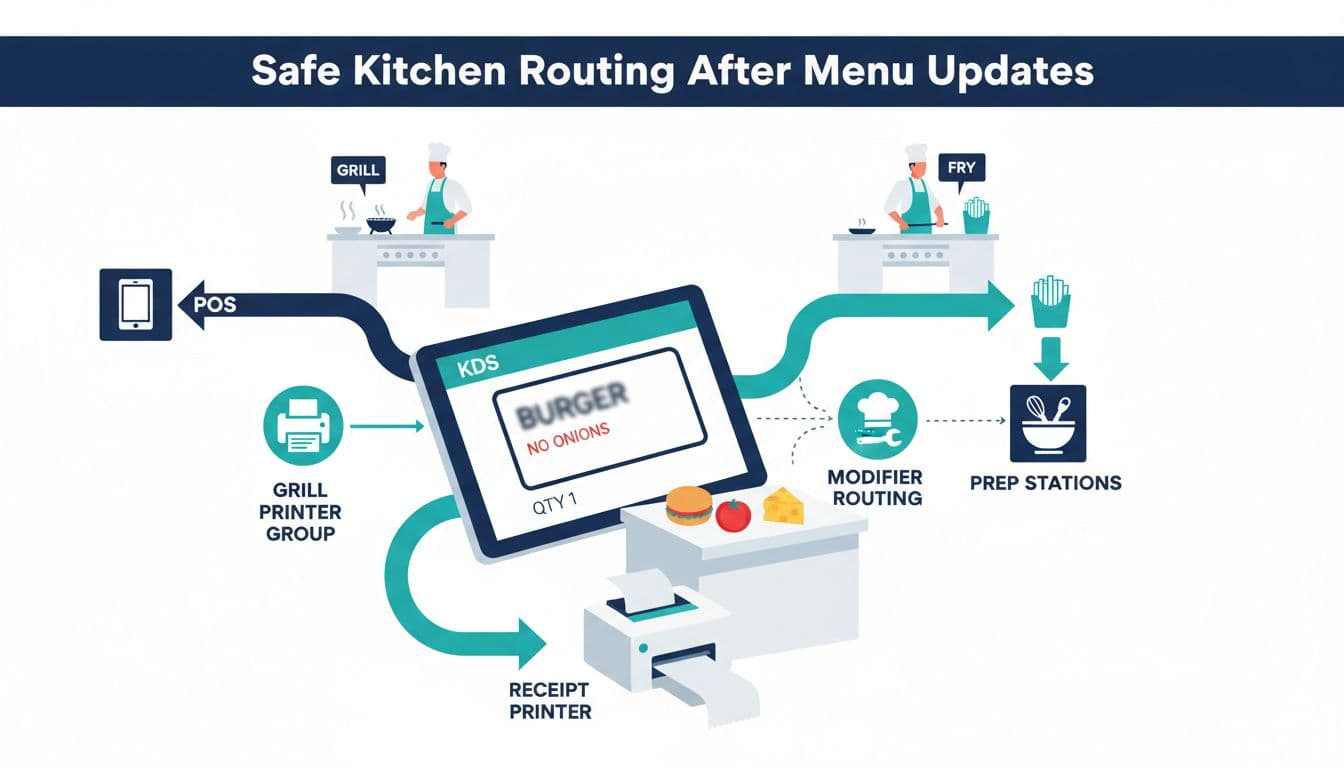 Clean, modern flat vector infographic in navy, teal, and white depicting restaurant kitchen routing flow. Foreground shows angled KDS screen with blurred ticket, prep station with ingredients, and thermal printer; background includes cooks, order flow arrows from POS to KDS and printers, plus icons for printer groups, prep stations, and modifier routing.