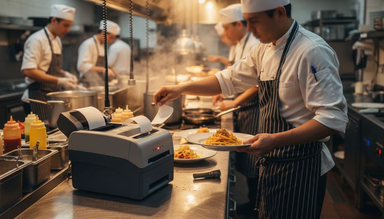 Thermal receipt printer with blinking red error light on stainless steel expo counter during dinner rush, chef checking it while plating food, busy background with steaming pots and line cooks.
