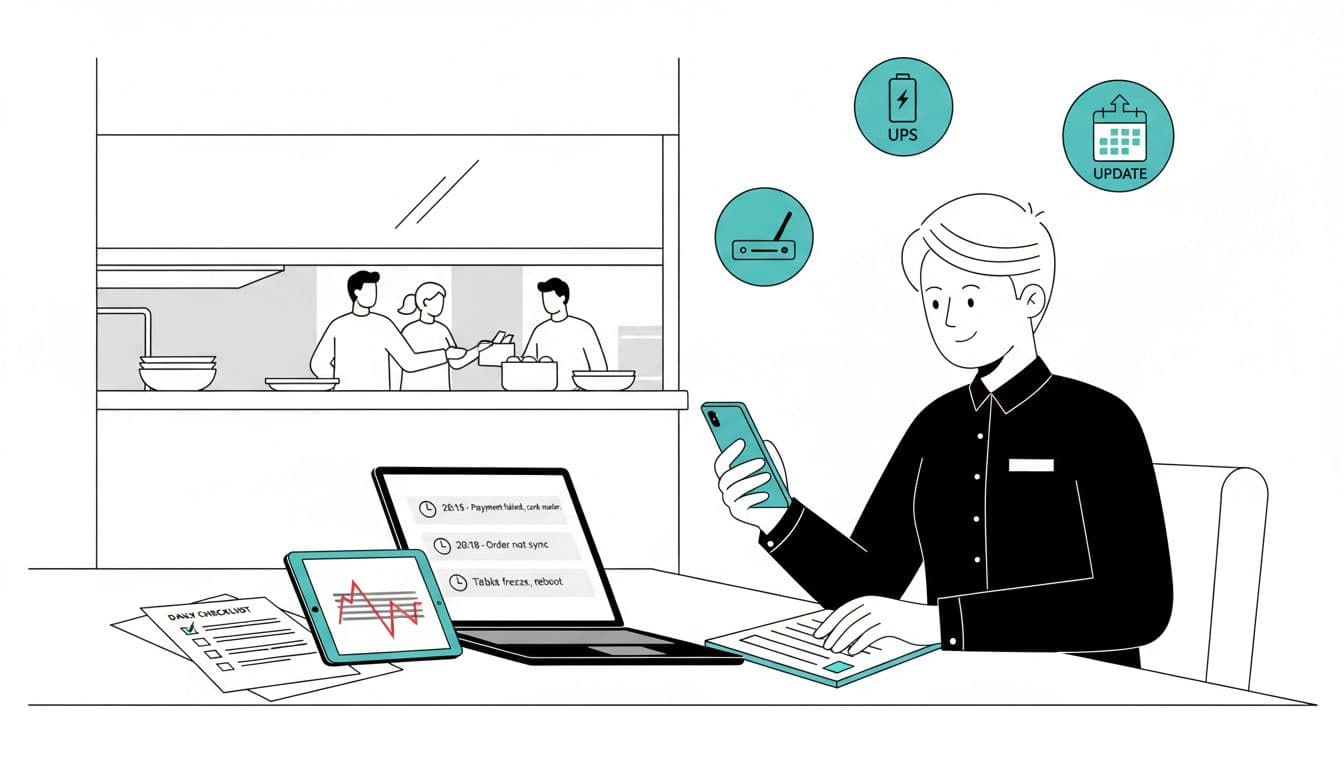 Restaurant manager in back office uses phone to log POS issue details on notepad amid laptop notes, blurred POS tablet error, checklists, and icons for UPS, LTE router, and updates; faint kitchen background in modern high-contrast black/white/teal flat design.