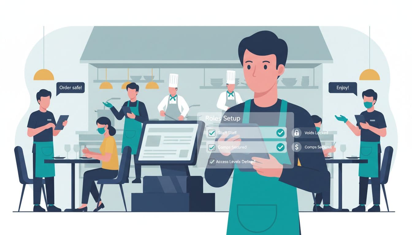 In a bustling restaurant, a manager confidently configures POS permissions on a tablet near the terminal, featuring lock icons for voids and comps, floating checklists, and role assignment screen with checkmarks. Staff take orders safely in the background amid diners and kitchen views.
