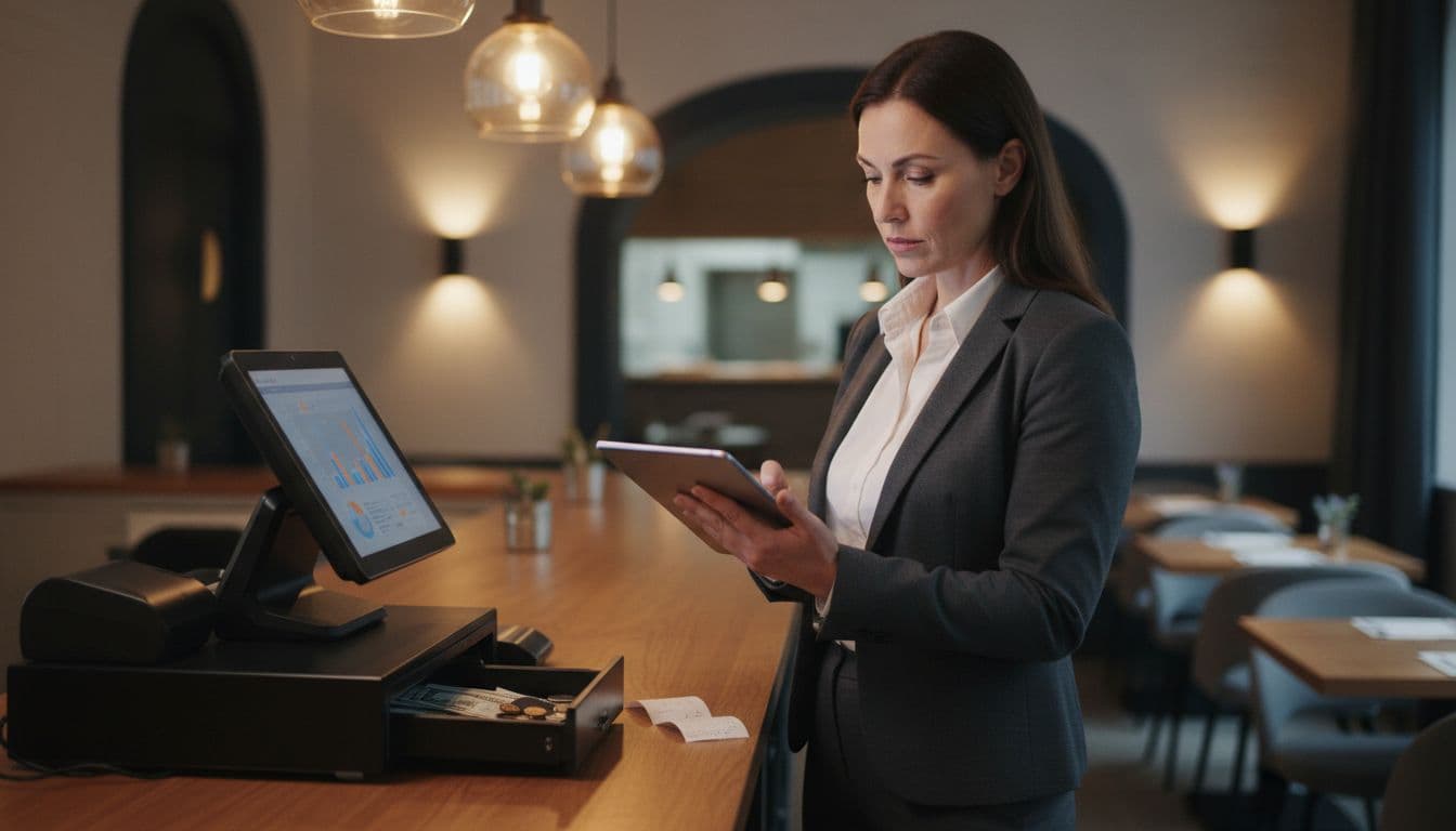 In a modern restaurant at closing time, a focused female general manager in her 40s reviews daily POS sales reports on a tablet next to the point-of-sale terminal, with cash drawer slightly open and blurred background of empty tables.