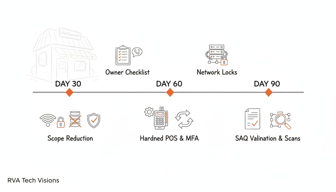 Minimalist editorial sketch-style line art illustration of a 30/60/90-day PCI compliance timeline for small restaurants, with milestones at scope reduction, hardened POS, and SAQ validation, using neutral tones and bold orange accents on a clean white background.