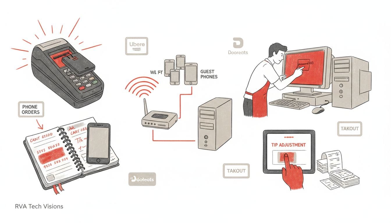 Minimalist sketch-style editorial illustration highlighting common PCI compliance risks in a restaurant, such as POS skimmers, handwritten card notes, shared WiFi, and sticky note passwords, with a bold red accent on dangers.