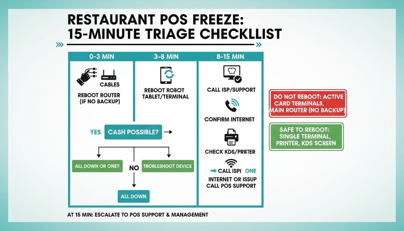 A clean, printable one-page infographic for restaurant managers, featuring a timeline-based 15-minute triage checklist for POS system freezes with icons, decision trees, and reboot guidelines.