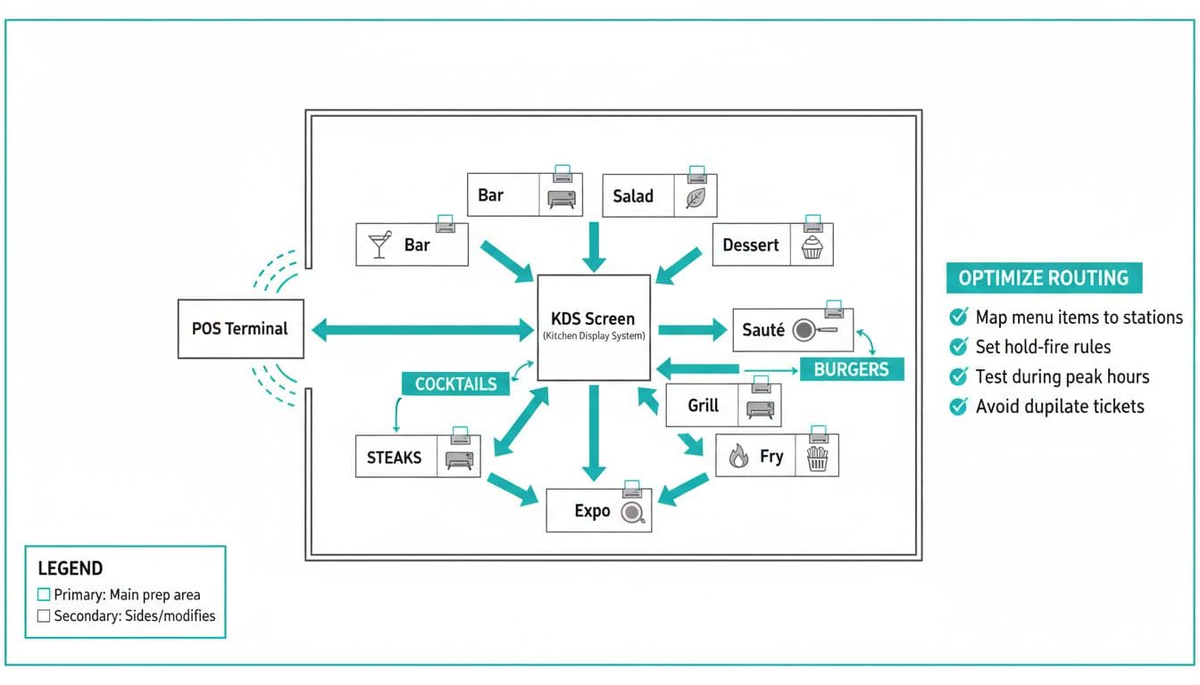Restaurant POS kitchen routing infographic with stations and routing arrows