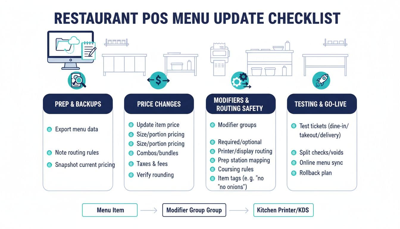 Clean, modern print-ready infographic outlining steps for updating restaurant POS menus, featuring sections on prep and backups, price changes, modifiers and routing safety, testing and go-live, with a simple flow diagram.