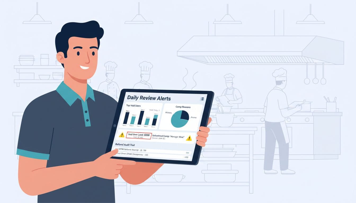 A clean, professional infographic illustrating a tablet dashboard for restaurant POS monitoring, held by a manager, showing daily exception reports like voids, unauthorized comps, after-hours refunds, and cash discrepancies with charts, alerts, and callouts.