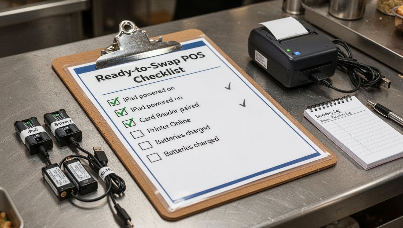Close-up photorealistic view of a laminated printable 'Ready-to-Swap POS Checklist' clipboard at a restaurant prep station, showing checkmarks for iPad powered on, card reader paired, printer online, and batteries charged, with nearby spare batteries, labeled cables, and inventory notebook.