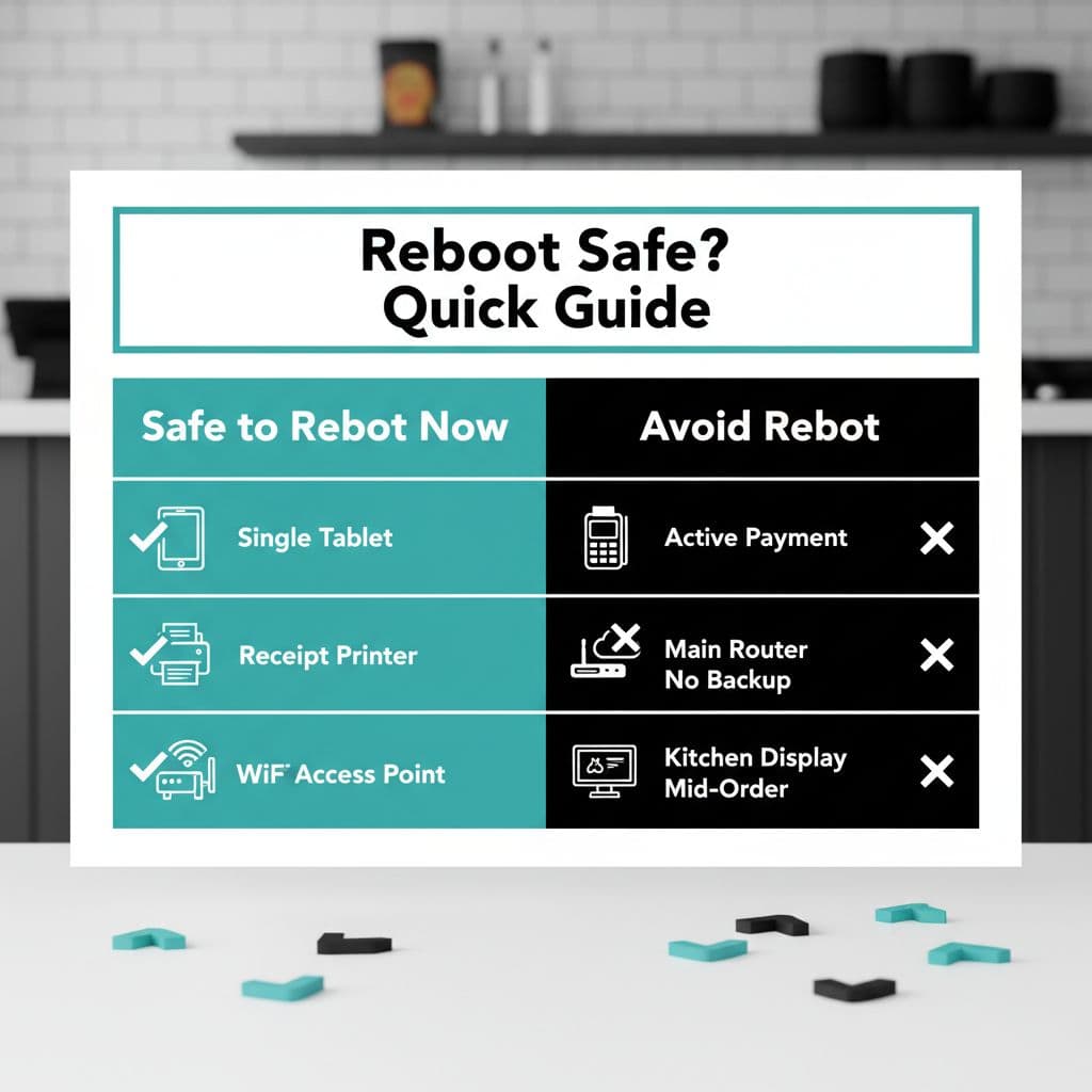 Simple decision table infographic in flat design for restaurant POS troubleshooting, showing safe-to-reboot devices like single tablets, receipt printers, and Wi-Fi access points versus avoid-reboot items like active payment terminals, main routers without backup, and kitchen displays mid-order.