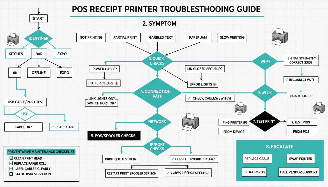 Clean, printable one-page minimalist vector infographic flowchart for troubleshooting POS receipt printers in restaurant kitchen, bar, and expo areas, featuring decision steps for symptoms, checks, connections, and maintenance.