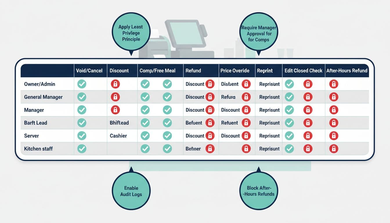 A clean, professional infographic showing a POS permissions matrix for restaurant roles like Owner, Manager, and Server, with green checkmarks for allowed actions and red locks for denied ones such as voids, refunds, and price overrides. Subtle background of a restaurant counter with security callouts promoting least privilege, manager approvals, audit logs, and blocking after-hours refunds.