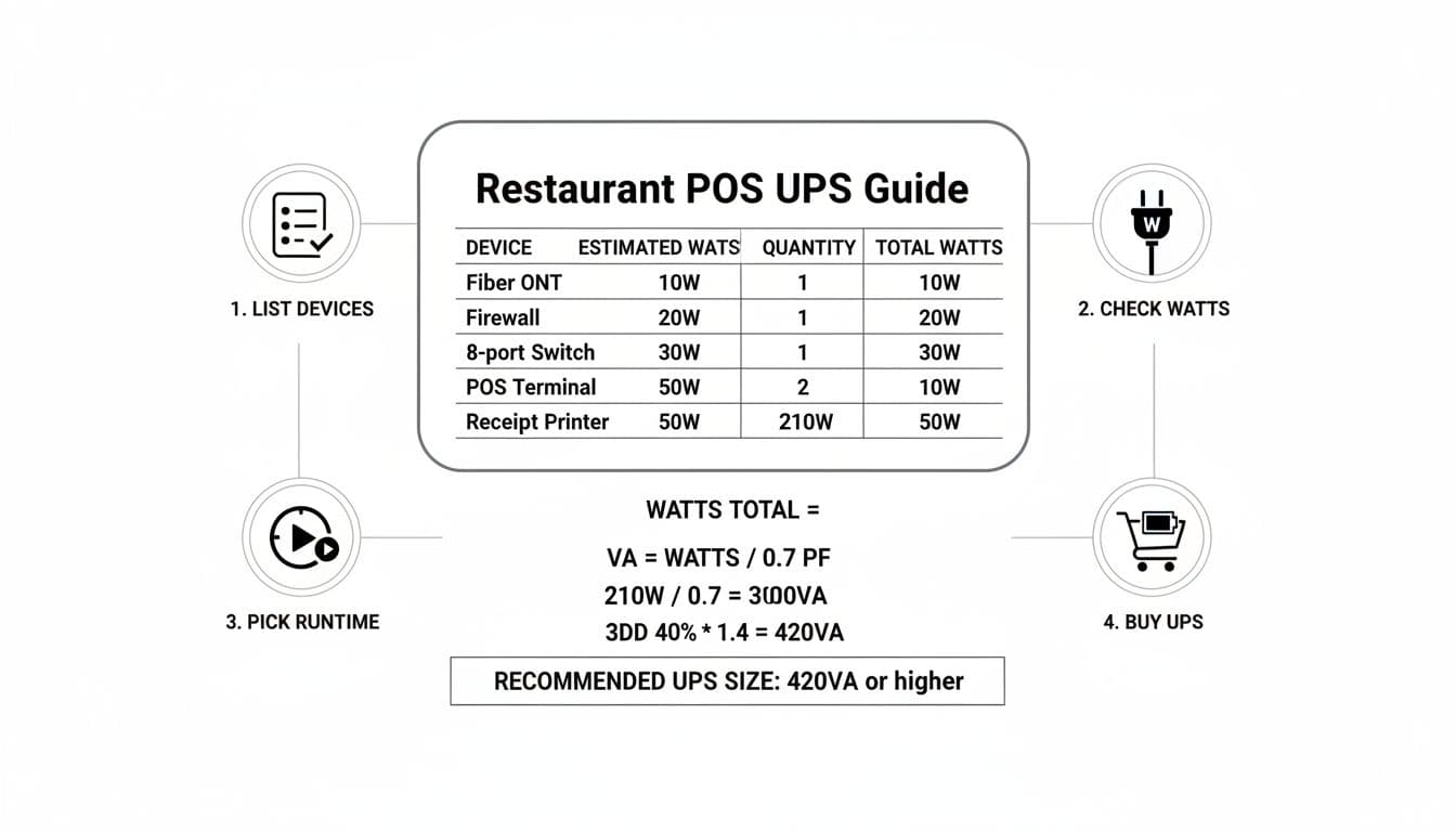 Flat vector infographic with a simple load calculation table for restaurant POS UPS sizing, featuring device wattages, totals, power factor formula, headroom, and step icons.