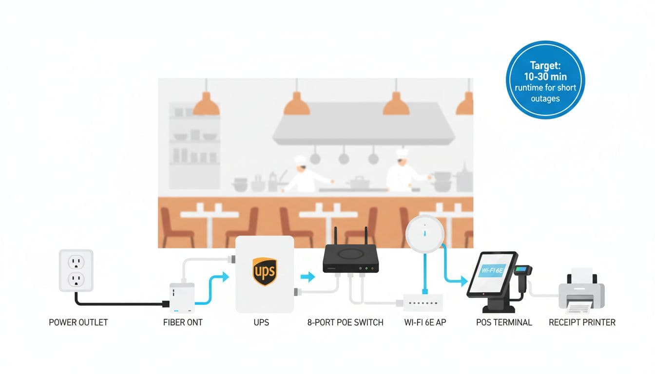 Clean professional flat vector infographic showing UPS power flow to restaurant checkout counter network including modem router switch POS terminals and printer on white background.