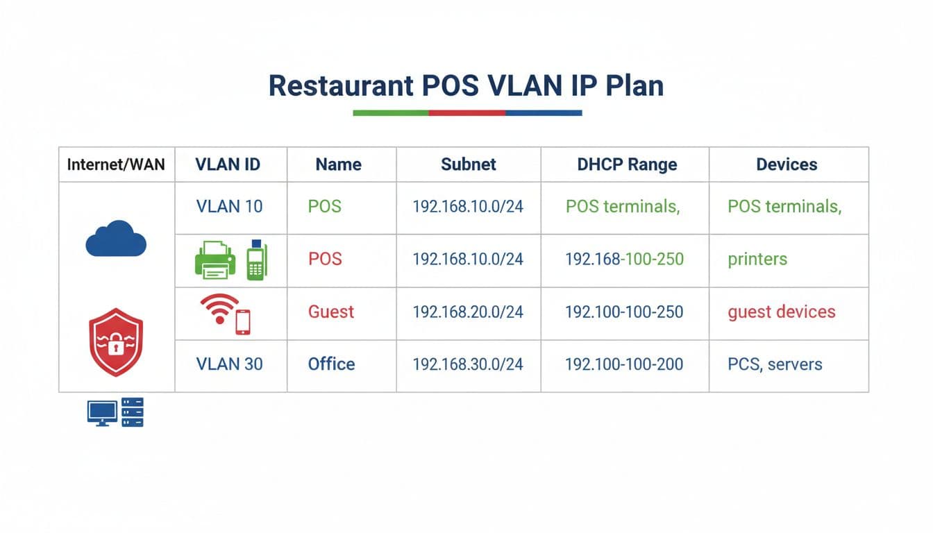 Clean, modern vector infographic diagram showing a table-based VLAN IP plan for restaurant POS network segmentation, including VLAN 10 POS, VLAN 20 Guest, and VLAN 30 Office with subnets, DHCP ranges, and device icons separated by firewall.