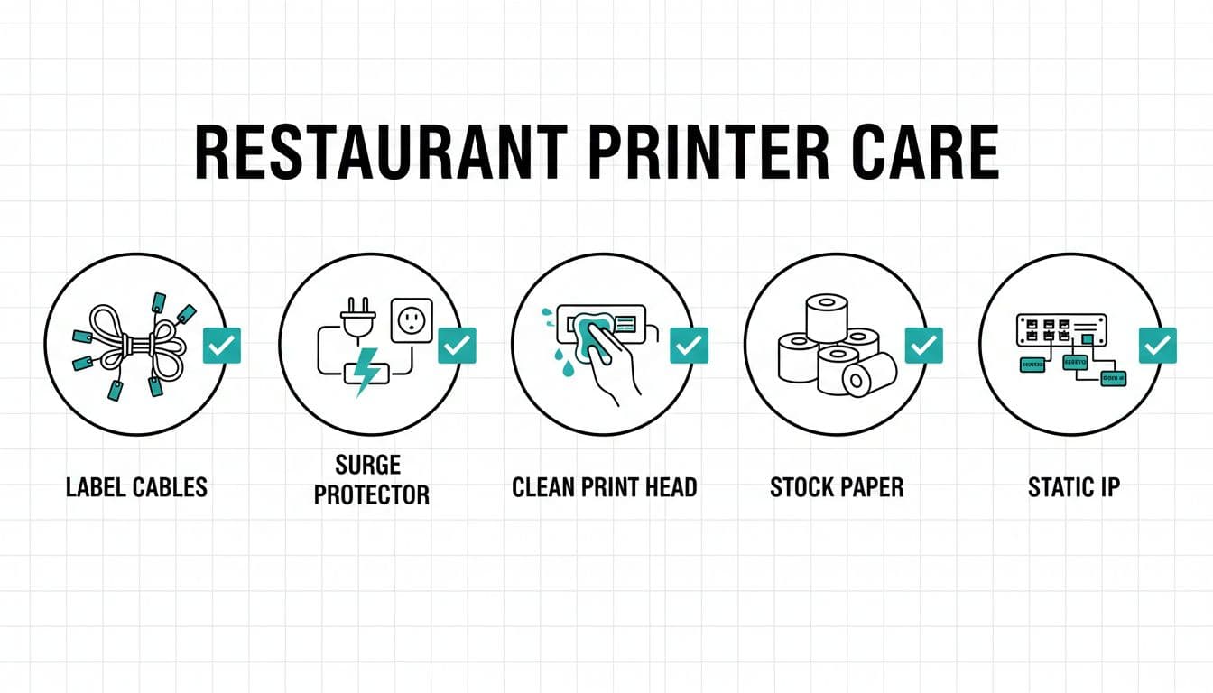 Minimalist vector infographic showing key restaurant printer maintenance practices: labeling cables, surge protection, cleaning print heads, stocking spare paper rolls, and static IP labels on network switches. Features black/white design with teal accents, grid background, checkmarks, and short professional labels.