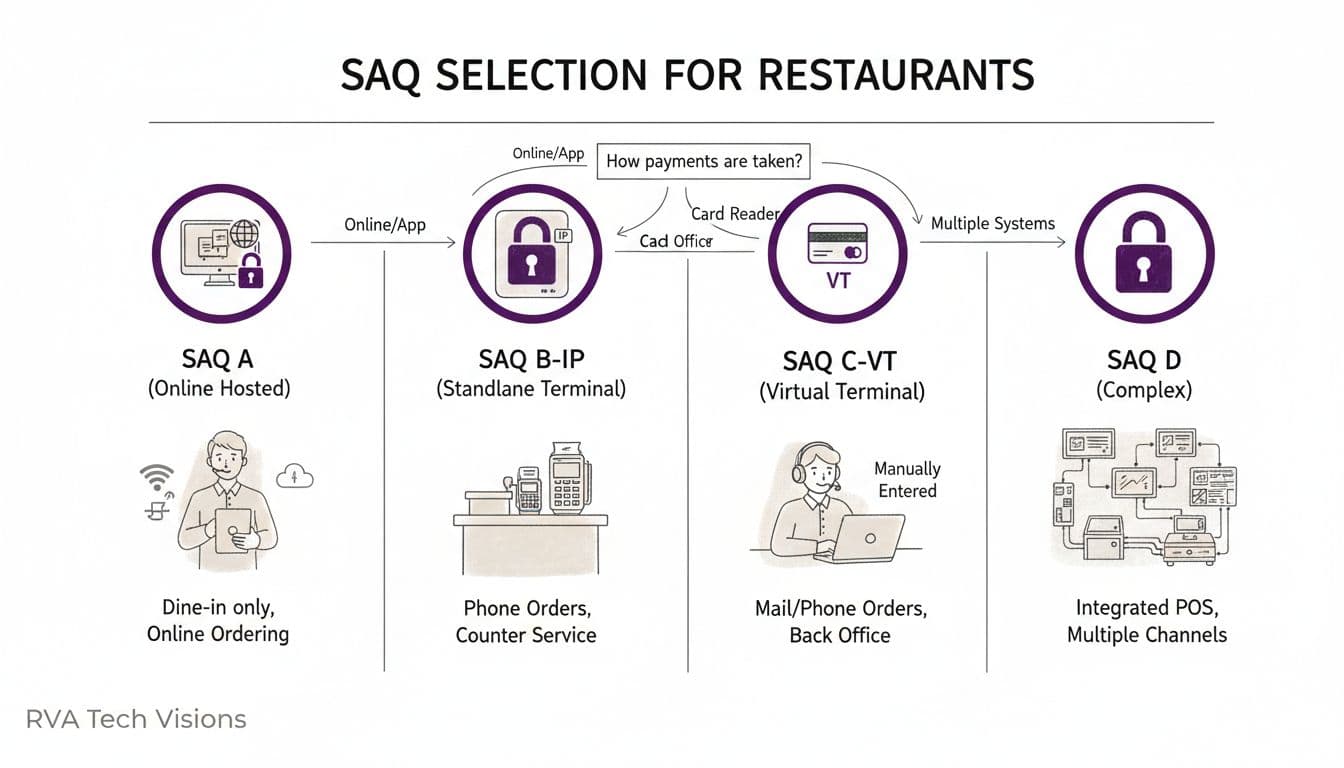 Minimalist editorial illustration in sketch style line art depicting a SAQ selection cheat sheet for restaurants, with decision tree icons for SAQ A, B-IP, C-VT, D options and simple scenarios.