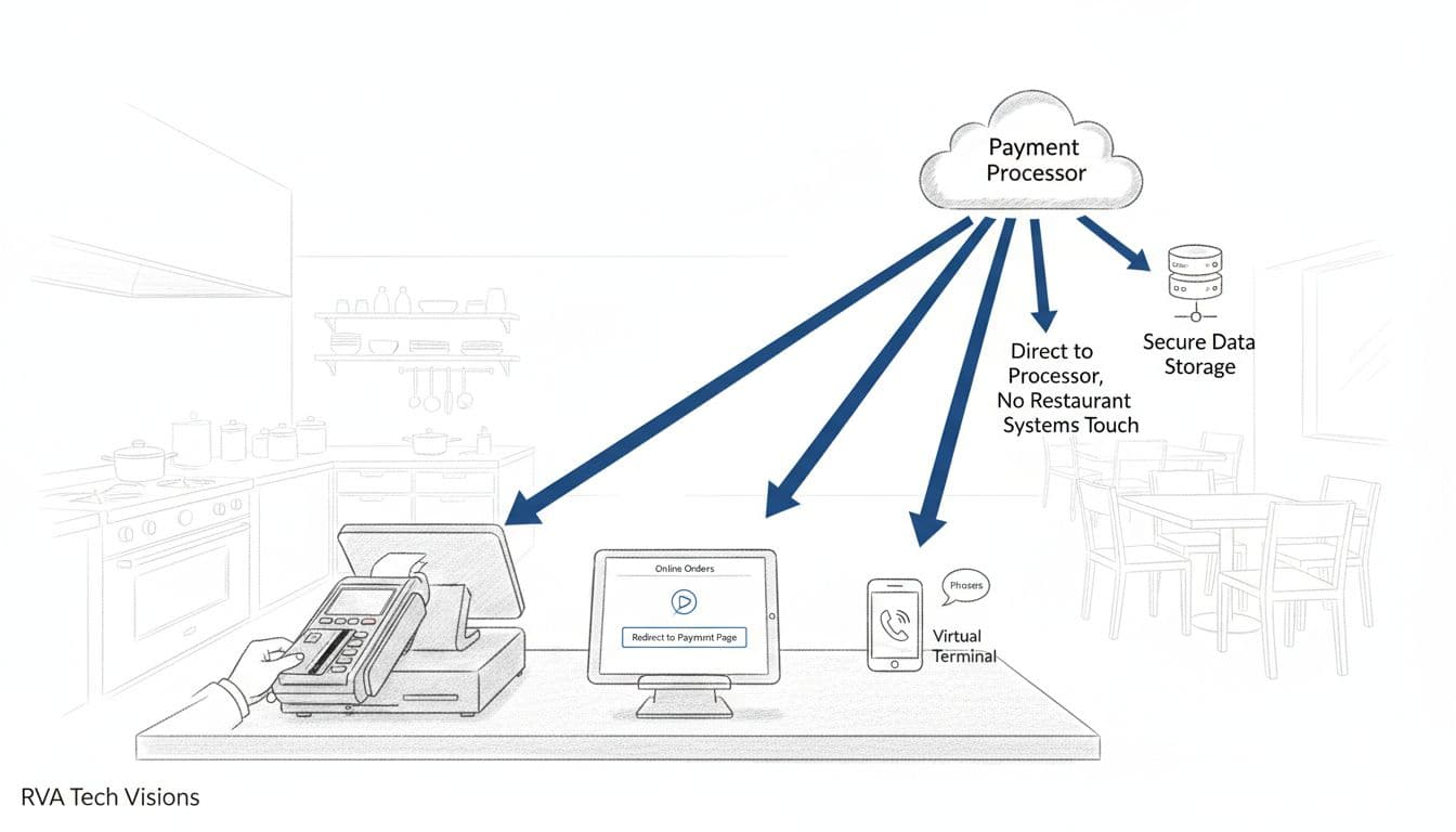 Minimalist sketch-style line art illustration of a small restaurant payment setup, featuring POS terminal, tablet, and phone with arrows showing card data flowing directly to the processor, bypassing restaurant systems, on a clean white background.