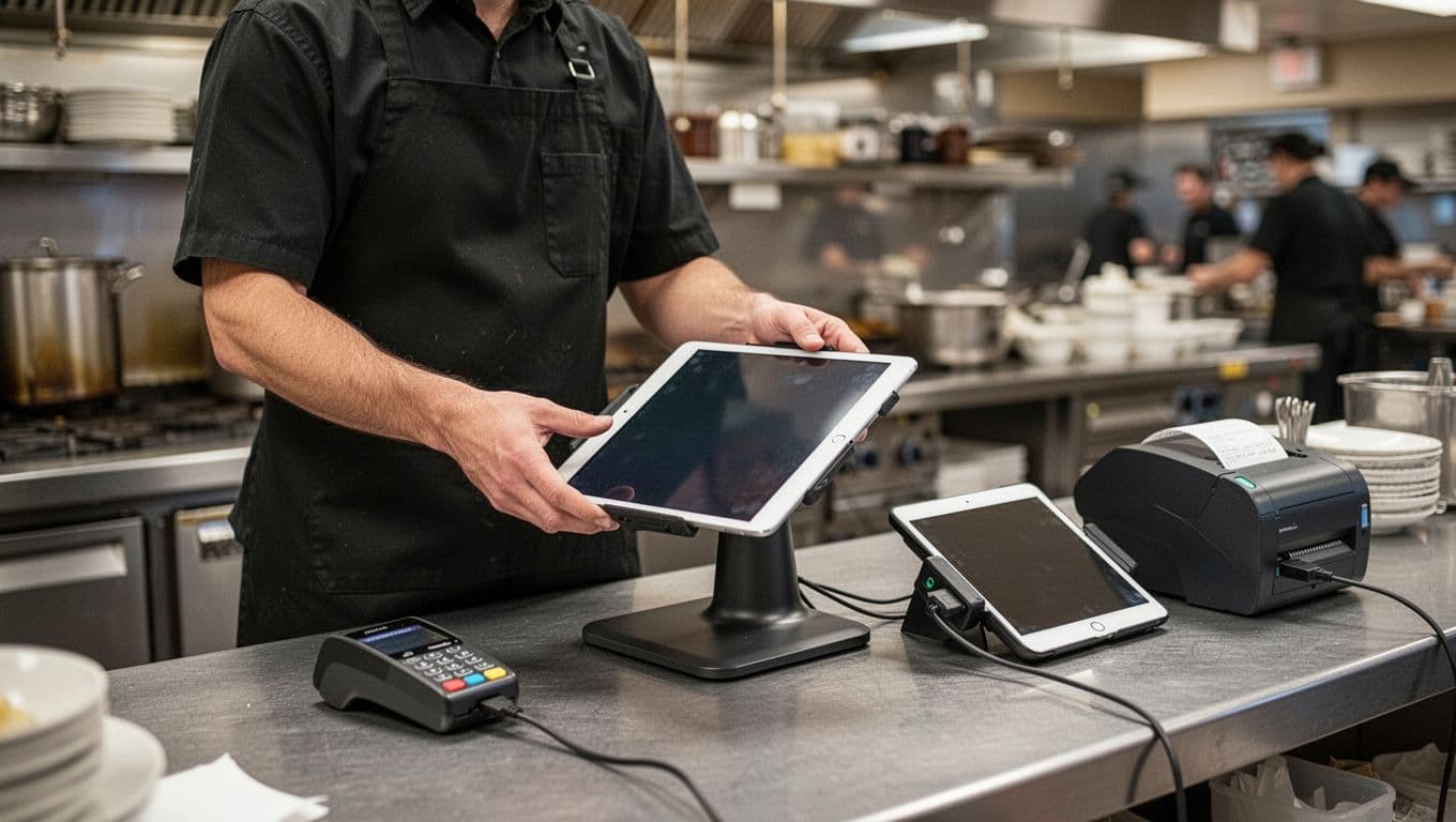 A shift lead wearing a black apron performs a quick swap of spare POS hardware at the restaurant back counter during off-peak prep time, placing a fresh iPad on the main stand while the old one sits aside with card reader and receipt printer cables nearby. The background features blurred kitchen elements under bright overhead lighting, creating a professional mood with shallow depth of field focused on the POS station.