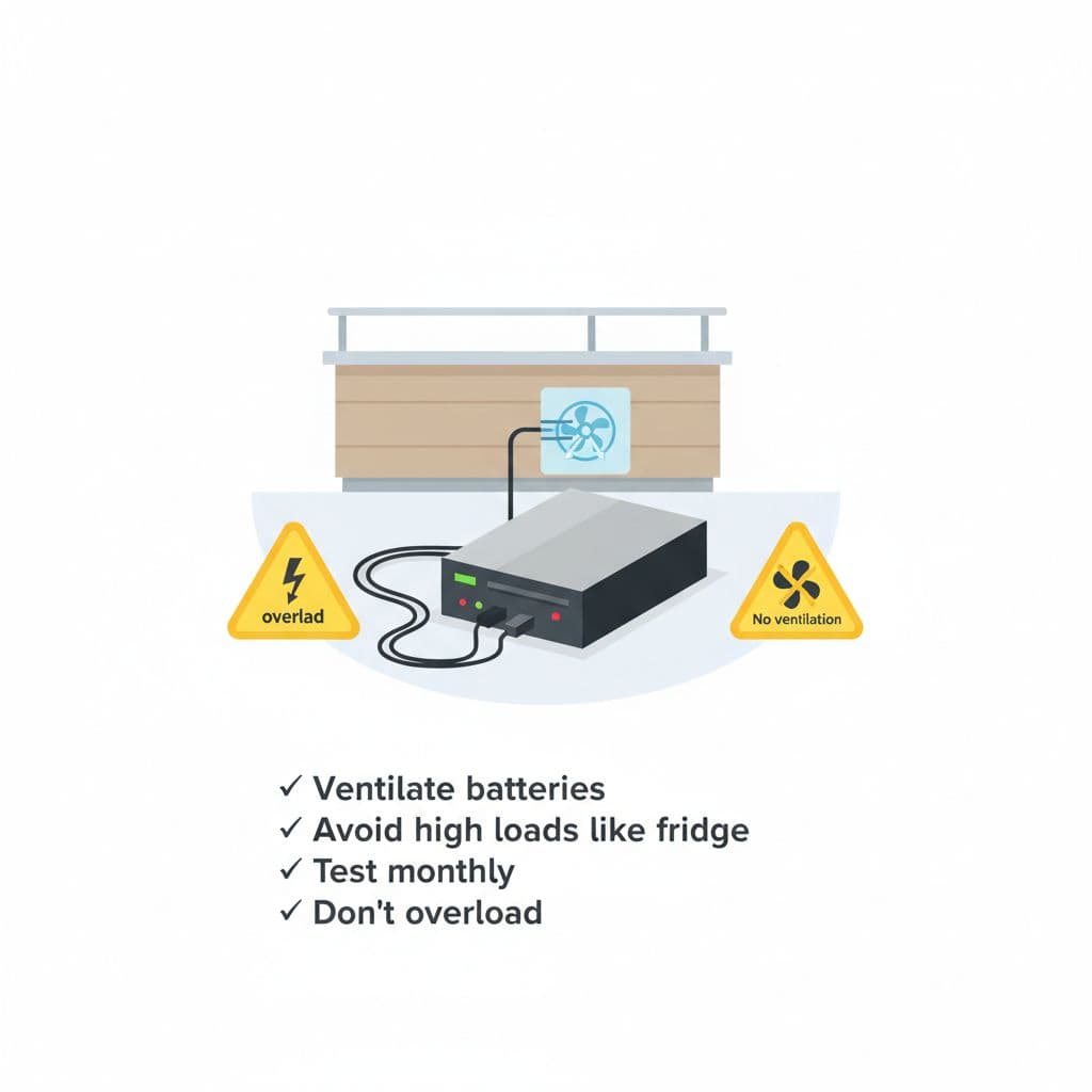 Professional minimal vector illustration of a UPS unit in a ventilated restaurant back office, with organized cords, overload warnings, ventilation icons, and a checkmark list of safety tips like ventilating batteries and avoiding high loads.