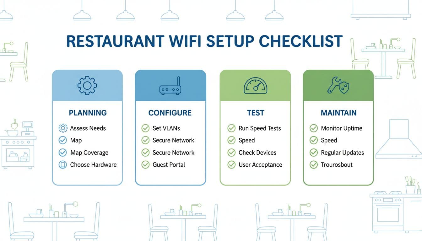 Clean, modern infographic-style printable checklist for restaurant WiFi setup, divided into Planning, Configure, Test, and Maintain sections with bullet icons for key steps like assessing needs, setting VLANs, running speed tests, and monitoring uptime. Features subtle restaurant elements in the background such as tables, kitchen, and POS in flat vector style with blue/green colors on white background.