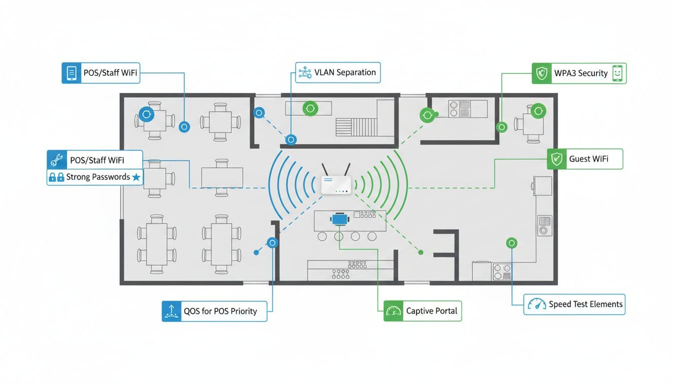 Clean, modern infographic illustrating a restaurant floorplan with separate POS/staff (blue) and guest (green) WiFi networks, central router, access points, VLAN separation, WPA3 security, captive portal, and QoS prioritization.