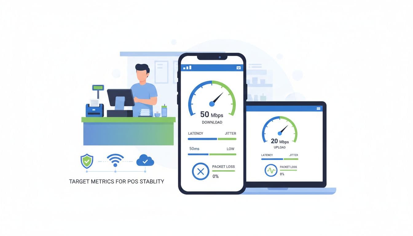 Clean, modern infographic illustrating a speed test on a smartphone in a busy restaurant, displaying download speed (50 Mbps), upload (20 Mbps), low latency, jitter, and zero packet loss, with POS stability icons.