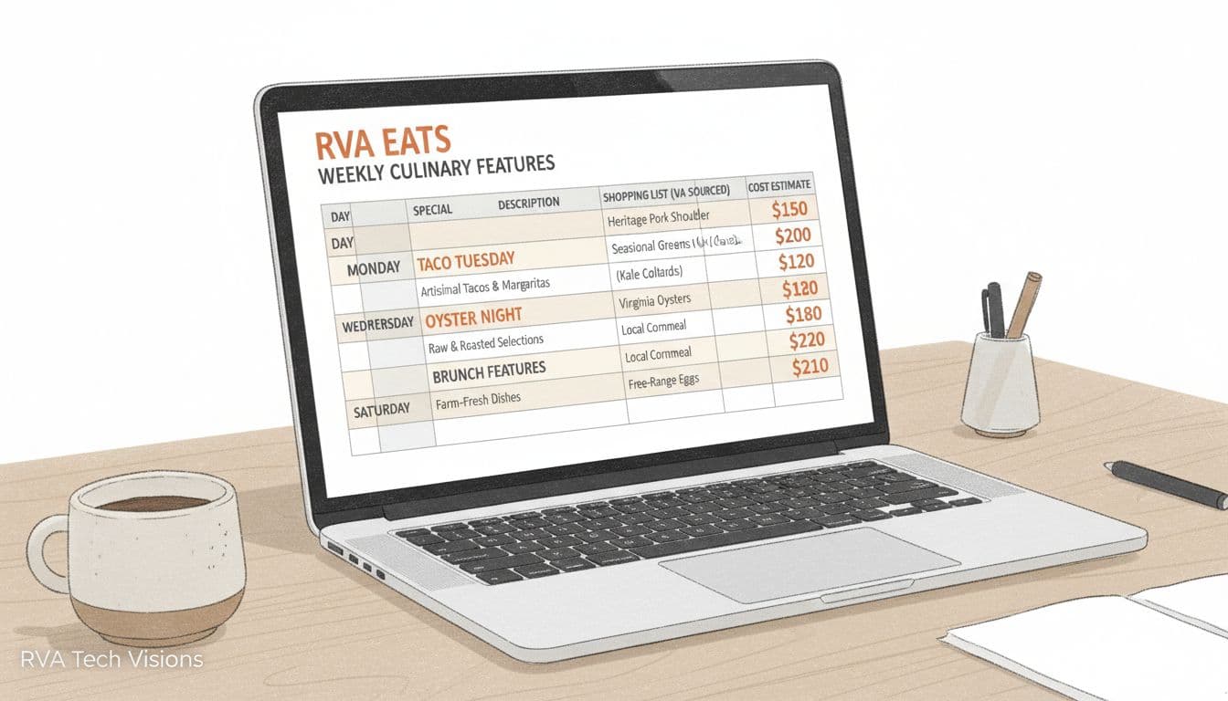 Close-up sketch-style illustration of an Excel spreadsheet on a laptop screen displaying a weekly specials calendar for a Richmond restaurant, including Taco Tuesday, Oyster Night, brunch features, and a shopping list with Virginia ingredients like heritage pork and seasonal greens, with cost estimates. Features a soft office desk setting with coffee mug, neutral tones, bold orange price accents, and RVA Tech Visions watermark.