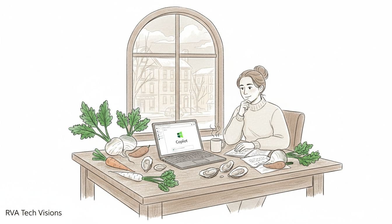 A Richmond Virginia independent restaurant owner sits at a wooden table in a cozy back office, using Microsoft Copilot in Word to brainstorm a winter menu featuring Virginia root vegetables and Chesapeake oysters, with sketches around and snowy street view.