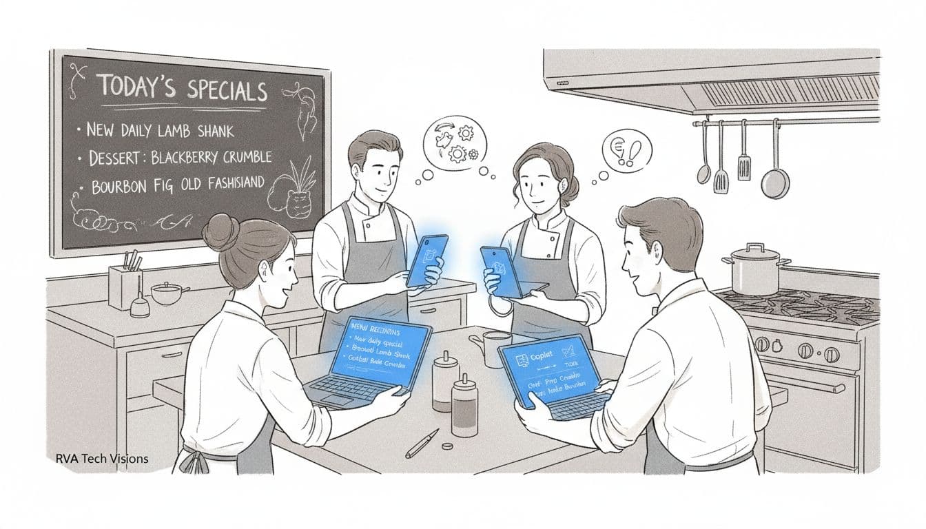 Small Richmond restaurant team in a quick Teams huddle on phones and laptops, Copilot summarizing menu decisions into tasks against a chalkboard menu background in a collaborative kitchen vibe. Minimalist editorial illustration in sketch style line art with soft pencil texture, neutral tones, blue screen accents, and RVA Tech Visions watermark.