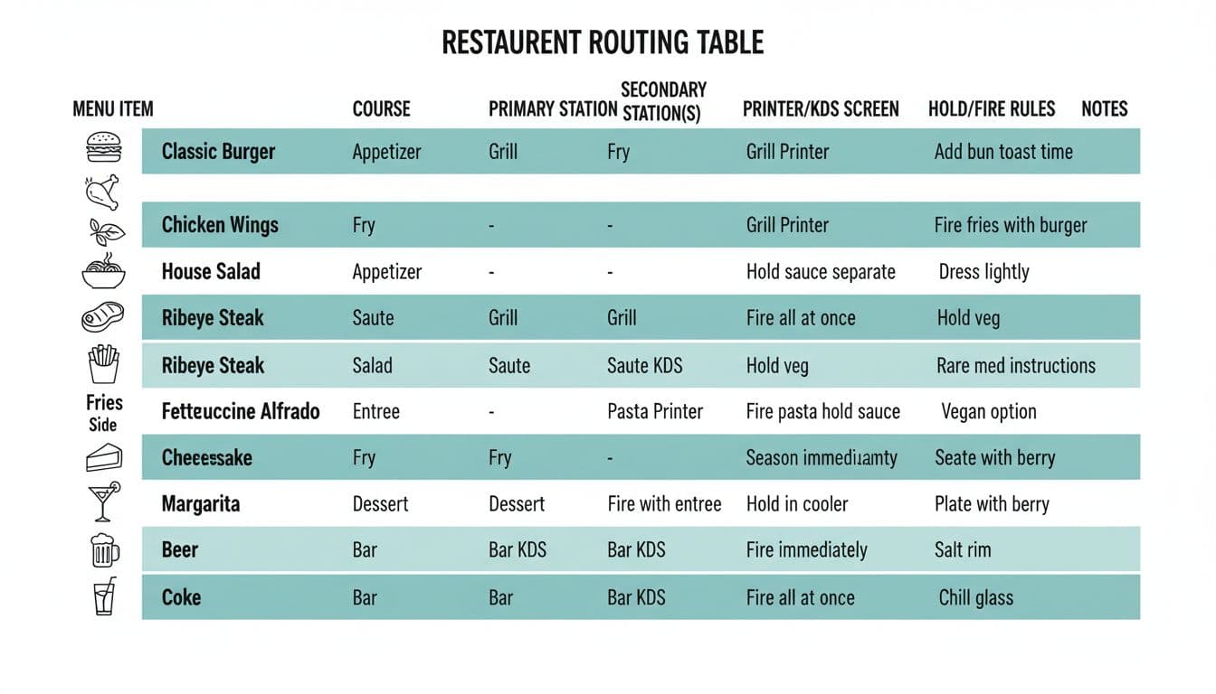 Sample kitchen routing table with 10 items
