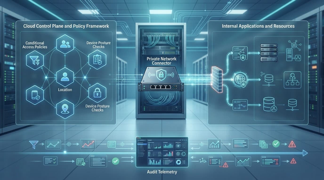 Abstract security architecture linking cloud services with internal applications through a secure connector.