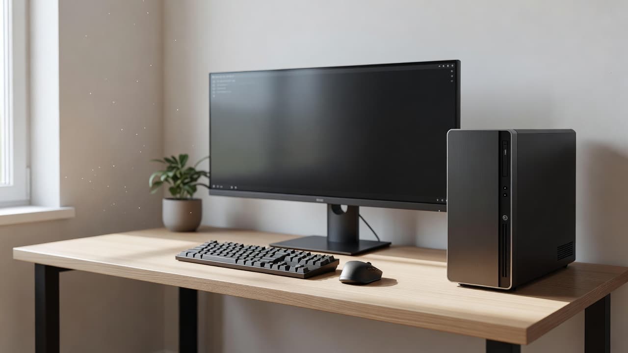 A pristine desk features a high-end desktop computer with a large monitor, a sleek keyboard, and a mouse. Bright morning sun pours through the nearby window, highlighting the organized professional environment.