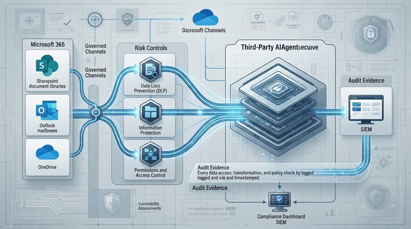 Security diagram showing an external agent, controlled data paths, and audit safeguards.