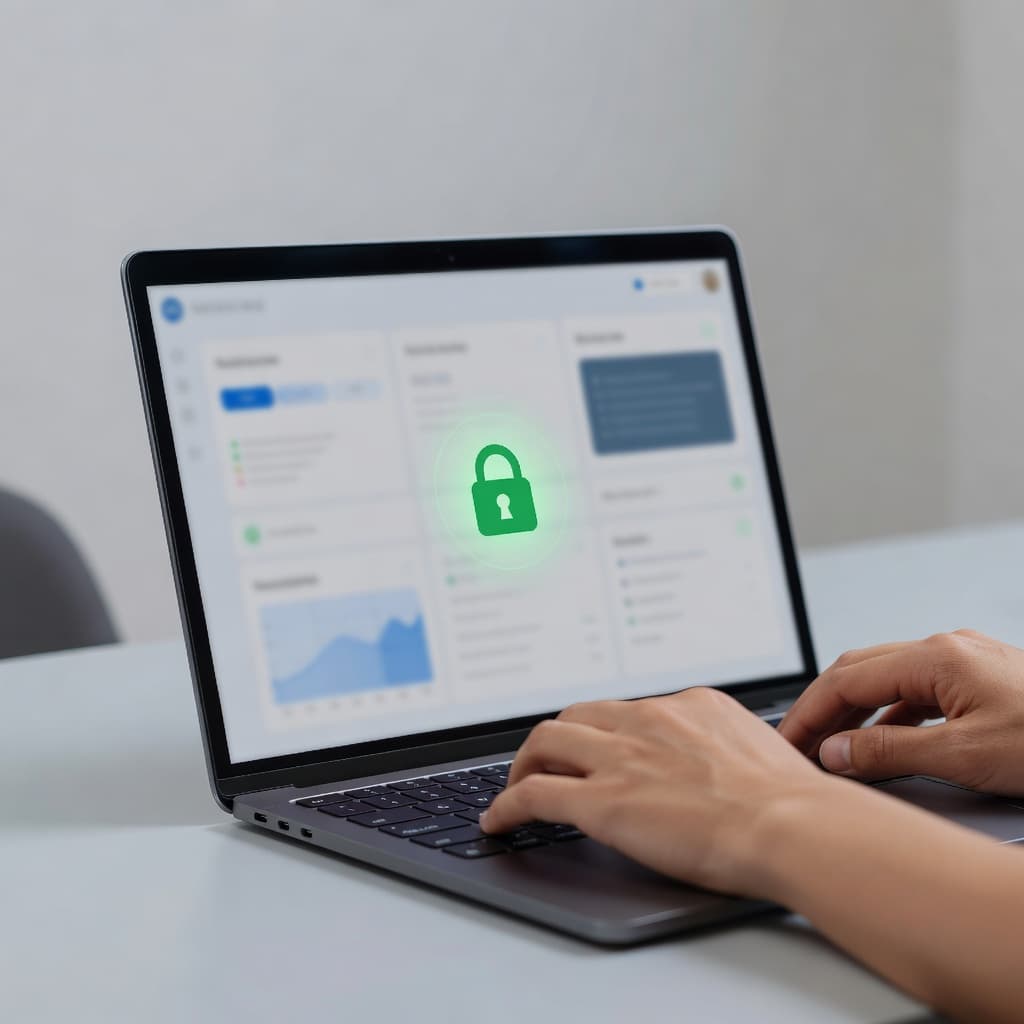 A pair of hands types on a laptop keyboard displaying a blurred cloud security dashboard. Soft ambient office lighting highlights the clean workstation, emphasizing professional access to protected infrastructure systems.