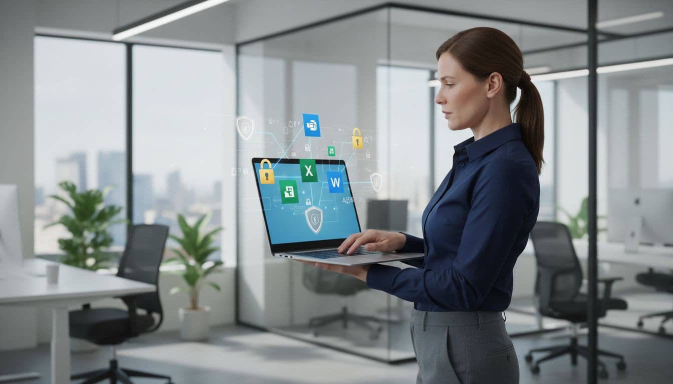 Professional IT admin in modern office holding personal laptop with secure cloud icons like locks and shields around Microsoft productivity apps.