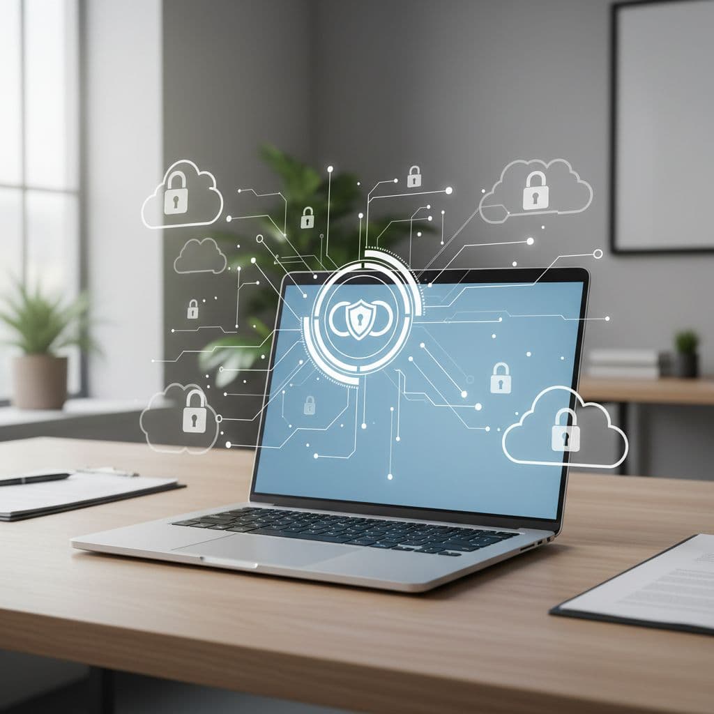 A sleek silver laptop sits centered on a clean minimalist desk surface. The soft morning sunlight illuminates the device, highlighting the professional environment used for managing cross-tenant cloud security access controls.