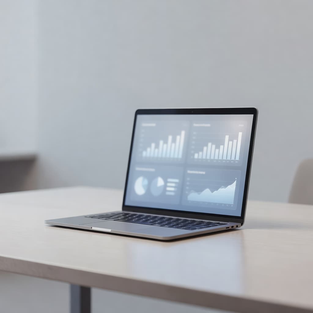 A sleek modern office desk features a laptop displaying complex abstract data charts. Soft ambient lighting illuminates the workspace, creating a focused environment for managing secure cloud-based IT identity evidence.