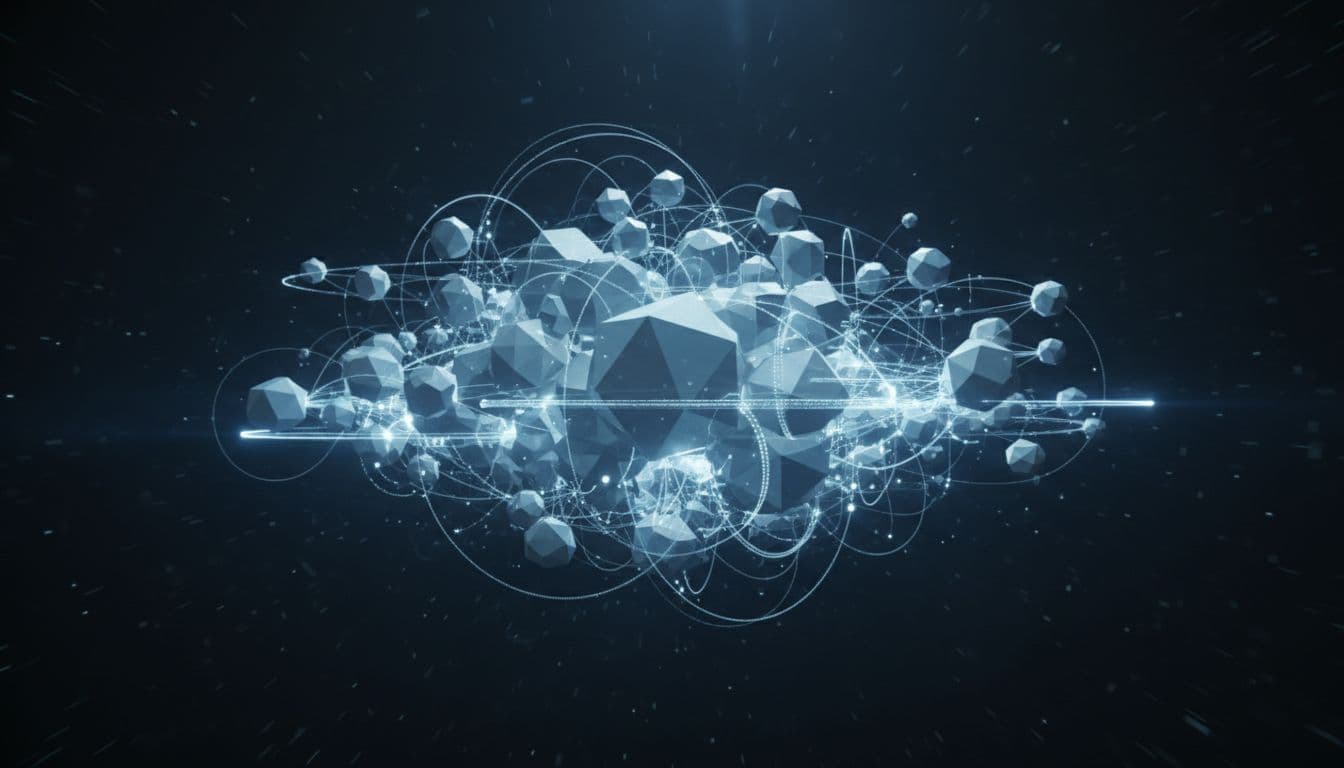 Glowing digital spheres representing server nodes are interconnected by thin luminous lines within a vast data structure. The composition uses cool blue and gray tones to emphasize a secure high-tech environment.