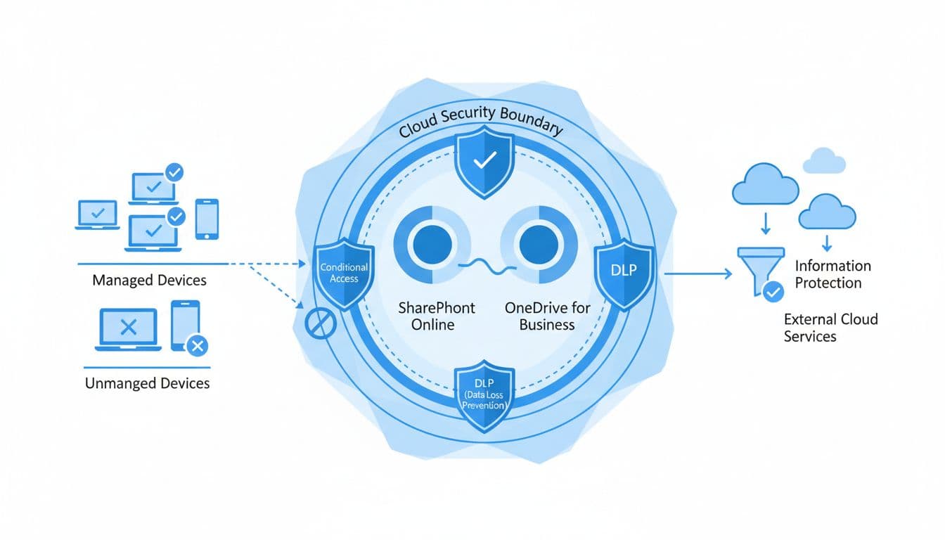 Diagram depicts SharePoint and OneDrive shielded by layered security controls like Conditional Access and DLP, with abstract icons for managed and unmanaged devices.